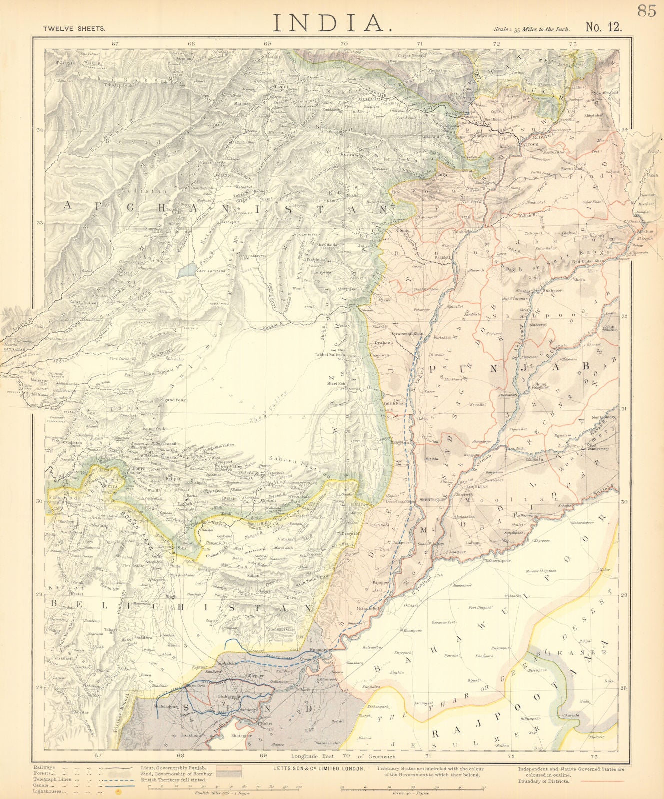 PAKISTAN & AFGHANISTAN. Punjab Beluchistan Sinde. British India. LETTS 1892 map